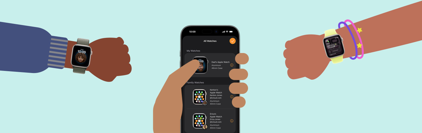 Illustration of two children’s wrists wearing Apple Watch SE 3, adult hand holding an iPhone 17