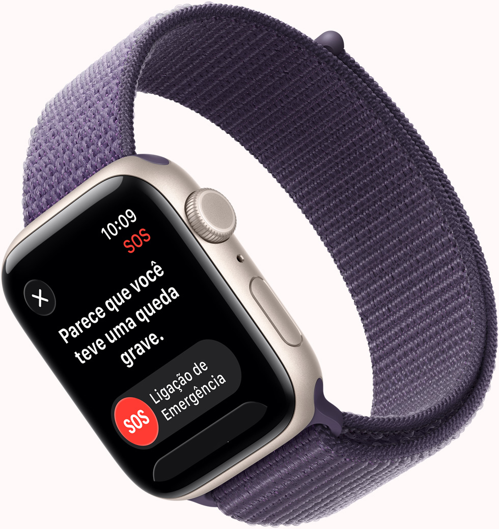 Apple Watch SE 3 com caixa estelar de alumínio e pulseira loop esportiva roxo-névoa, notificação de Detecção de Queda, botão Ligação de Emergência, Digital Crown, microfone e botão lateral no lado direito
