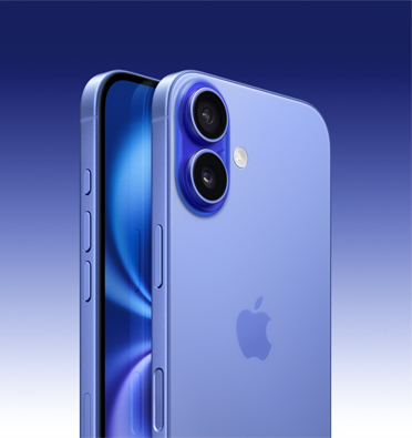 Parte da tela e ângulo lateral do iPhone 16 em ultramarino mostrando os botões de Ação, de volume e lateral. Imagem da parte de trás que mostra o sistema avançado de câmera dupla no canto superior esquerdo