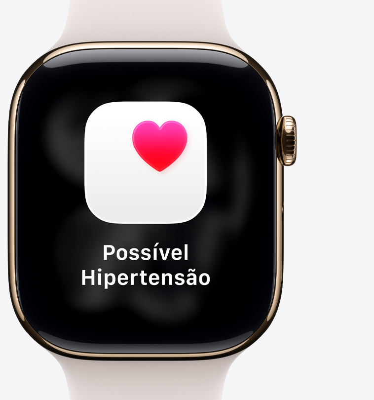 Apple Watch Series 11 com caixa dourada polida de titânio e pulseira esportiva blush-clara, notificação de possível hipertensão, coração rosa dentro de uma caixa branca, Digital Crown no lado direito