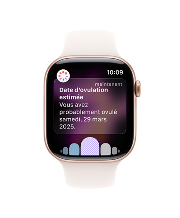 Apple Watch Series 11, boîtier en aluminium, or rose, notification d’estimation de la date d’ovulation, côté droit : Digital Crown, bracelet sport rose tendre