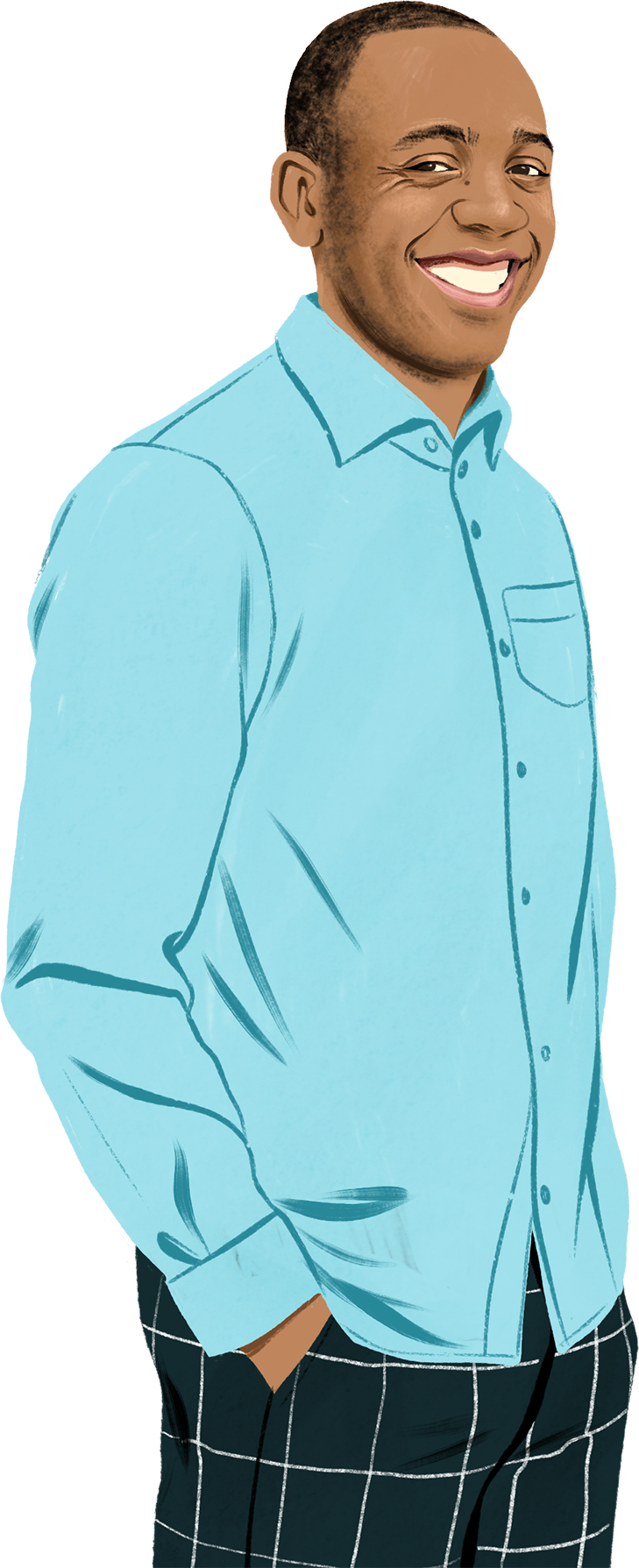 Portrættegning af Brian, der smiler og ser på læseren omgivet af tegnede iPad- og iPhone-symboler og en tegnet hængelås.