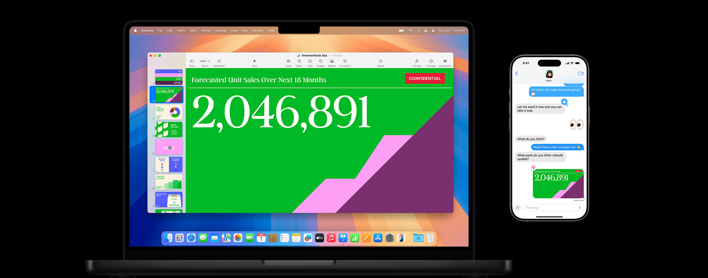 Se muestra una presentación en la pantalla de un Mac y un intercambio de mensajes de texto que lleva a la presentación.