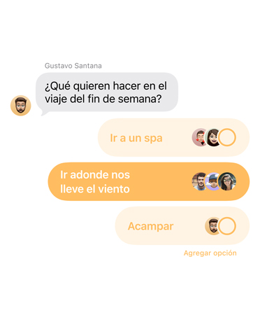 Primer plano de la nueva funcionalidad Encuestas en Mensajes, donde las personas del chat grupal votan adónde viajarán el fin de semana