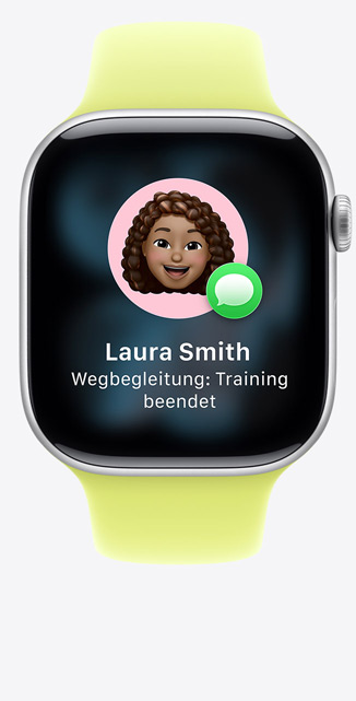 Apple Watch Series 11, Aluminiumgehäuse, Farbe Silber, Vorschlag für Wegbegleitung in iMessage, Sportarmband, Farbe Neongelb