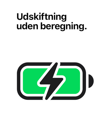 Udskiftning uden beregning står skrevet over et ikon af et opladet batteri