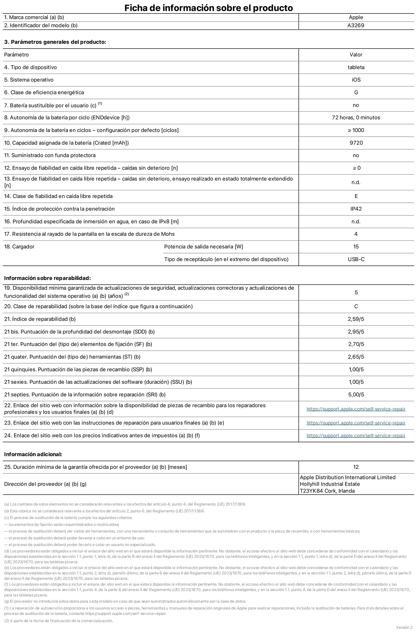 Ficha de información sobre el producto del iPad Air Wi‑Fi + Cellular de 13 pulgadas. Modelo A3269. Suministrado por Apple UK Ltd, New Bridge Street, 100, EC4V 6JA Londres. Tipo de dispositivo: Tablet. Sistema operativo: iOS. Clase de eficiencia energética para el rango dinámico estándar: G. Autonomía de la batería 72 horas. Autonomía de la batería en ciclos: ≥ 1.000. Capacidad asignada de la batería: 9.720 mAh. Caídas sin deterioro en ensayo de fiabilidad en caída libre repetida: ≥ 0. Clase de fiabilidad en caída libre repetida: E. Índice de protección contra la penetración: IP42 Resistencia al rayado de la pantalla en la escala de dureza de Mohs: 4. Potencia de salida necesaria del cargador: 15 W. Tipo de receptáculo del cargador: USB‑C. Disponibilidad mínima garantizada de actualizaciones de seguridad, correctoras y de funcionalidad del sistema operativo: 5 años. Clase de reparabilidad: C. Índice de reparabilidad: 2,59/5. Puntuación de la profundidad del desmontaje: 2,95/5. Puntuación de los elementos de fijación: 2,70/5. Puntuación de las herramientas: 2,65/5. Puntuación de las piezas de recambio: 1/5. Puntuación de las actualizaciones de software: 1/5. Puntuación de la información sobre reparación: 5/5. Enlace del sitio web con información sobre la disponibilidad de piezas de recambio para los reparadores profesionales y los usuarios finales: https://support.apple.com/self-service-repair. Enlace del sitio web con las instrucciones de reparación para usuarios finales: https://support.apple.com/self-service-repair. Enlace del sitio web con los precios indicativos antes de impuestos: https://support.apple.com/self-service-repair. Se ofrece una garantía general de 12 meses.