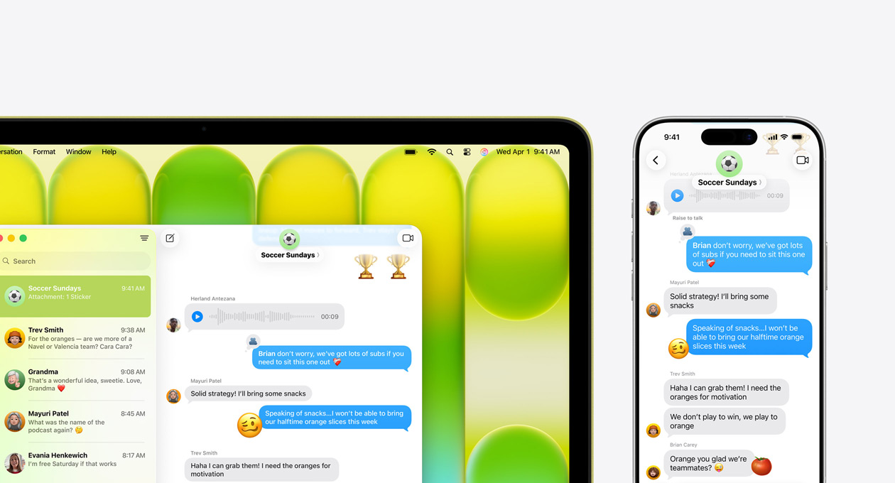 MacBook Neo, citrus colour, showing group chat in Messages app titled "Soccer Sundays" and other recent messages, iPhone next to it shows same group chat