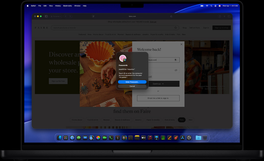 Under browsing i Safari bedes en bruger om at bruge Touch ID til at logge ind på et website