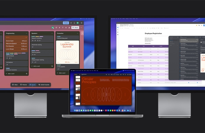 Macbook Pro s dva monitora Studio Display, na ekranu se prikazuje priprema za sastanak rukovoditelja, prateći zadatke u aplikaciji Trello, pripremajući prezentaciju i pregledavajući datoteke dizajna putem e-pošte
