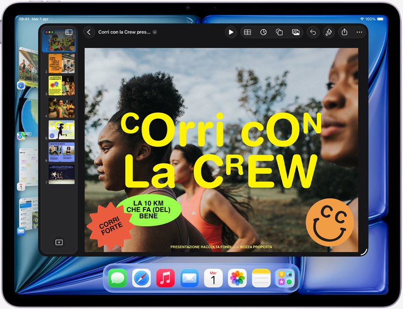 Un iPad Air in orizzontale che mostra una presentazione Keynote