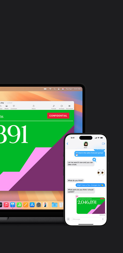 프레젠테이션이 떠 있는 Mac의 모습. Mac 앞에 있는 iPhone에서는 문자를 주고 받으면서 프레젠테이션을 공유하는 모습이 보입니다.