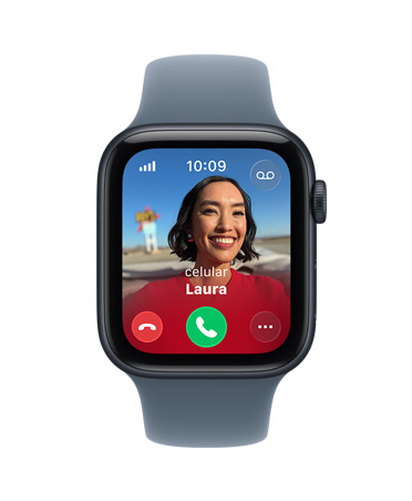 Apple Watch Series SE 3, caja de aluminio, color medianoche, llamada entrante, foto de contacto, botones para aceptar o rechazar la llamada, parte lateral derecha, Digital Crown, correa deportiva, color azul ancla