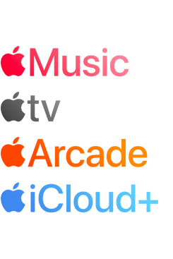 Apple subscription services logotypes including Apple Music, Apple TV, Apple Arcade, iCloud+