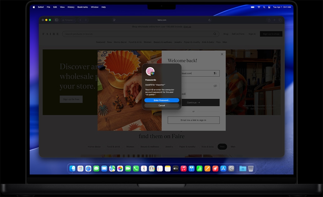 Safari aplikācijā lietotājs tiek aicināts izmantot Touch ID, lai pierakstītos interneta lapā