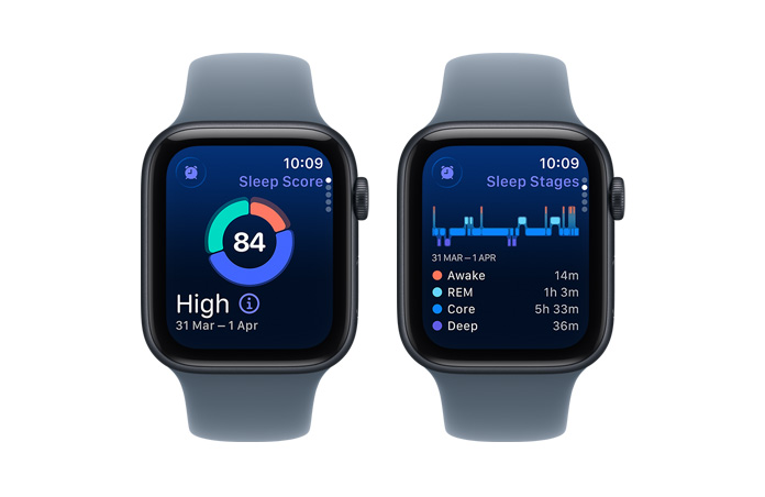 Apple Watch SE 3, sleep score, circle graph and score number, sleep stages analyzes awake, REM, core, and deep sleep stages