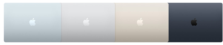 السطح الخارجي لأربعة موديلات من جهاز MacBook&nbsp;Air يبيّن أربعة ألوان مختلفة