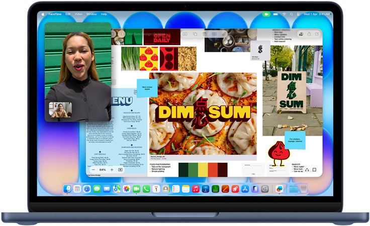 MacBook Neo, indigo color, video call in progress, Freeform window with a menu, food photography, and illustrations for a dim sum restaurant
