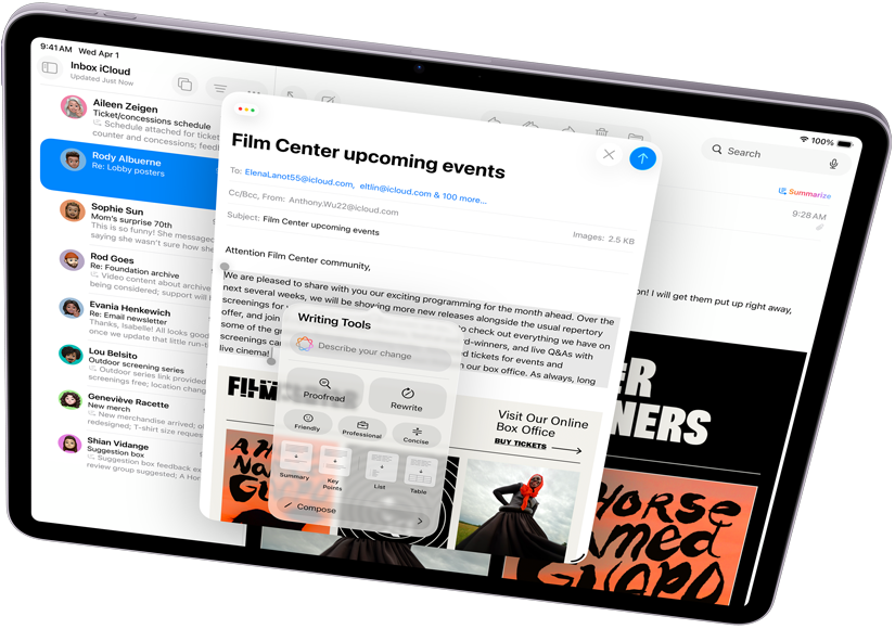 Landscape view of iPad Air showcasing Apple Intelligence, with Writing Tools and Mail