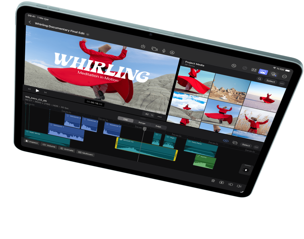 Yatay pozisyonda iPad Air, Final Cut Pro’da video düzenlendiği gösteriliyor