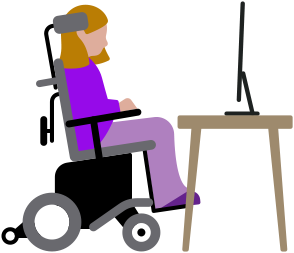 Person in motorised wheelchair looking at a Mac computer on a desk