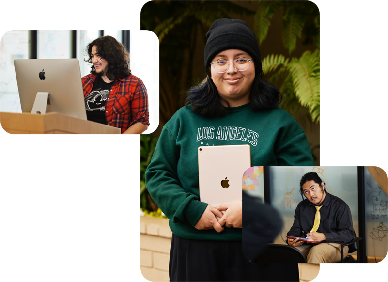 Three photos of students from Exceptional Minds programme, student working with Mac computer, student holding iPad with back of device facing outwards, student watching a model and sketching on iPad using Apple Pencil