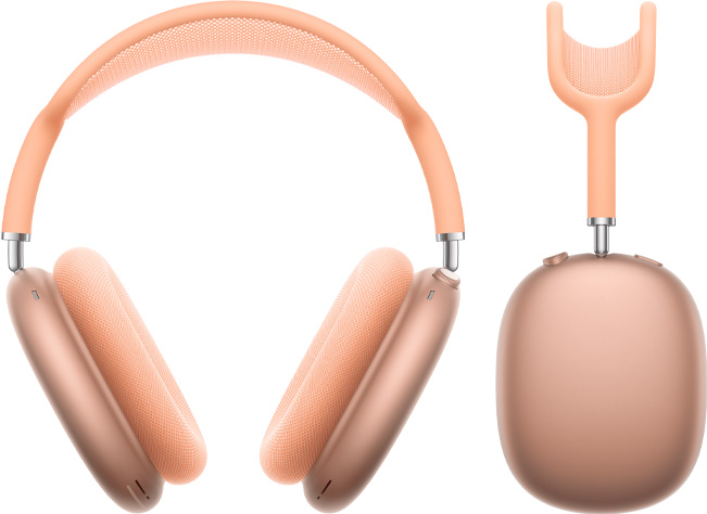 Billeder af AirPods Max i farven orange set forfra og fra siden