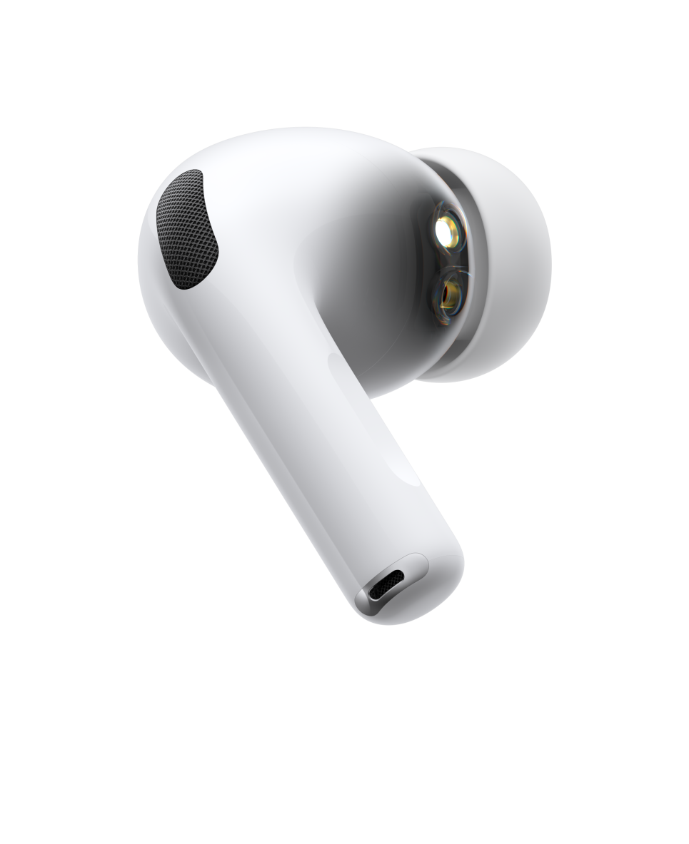 AirPods Pro 3, бездротовий навушник, білий колір, вид збоку, коротка трубчаста основа, мікрофон із функцією поглинання шуму, силіконова вкладка, пульсівна хвиля