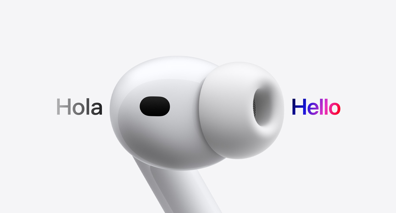 AirPods Pro 3, earbud with silicone tip, Live Translation changes Spanish characters reading 'hola' to English text reading 'hello'