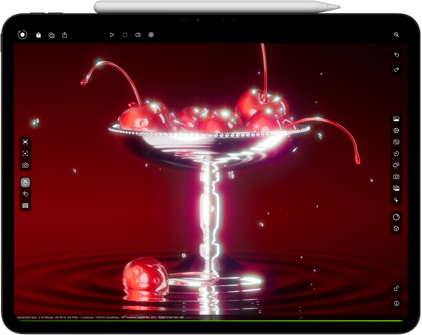 جهاز iPad&nbsp;Pro، في الوضع الأفقي، يعرض عملية تصيير باستخدام Octane&nbsp;X. وقلم&nbsp;Apple&nbsp;Pro مُثبت أفقياً أعلى الجهاز.