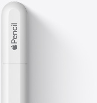 الجزء العلوي من قلم&nbsp;Apple‏ USB-C معروض مع الجزء العلوي المدور، وشعار Apple، وكلمة Pencil. رأس القلم العلوي يعرض خطاً يوضح أين يمكن سحب الغطاء لفتحه وتوصيله بكابل USB-C.