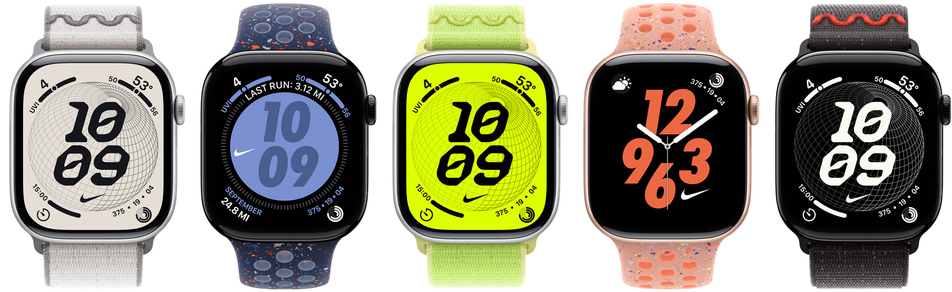 Apple Watch Geräte, Nike Armbänder: Nike Sport Loop in Veiled Grey, Nike Sportarmband in Blue Ribbon, Nike Sport Loop in Volt Splash, Nike Sportarmband in Alpenglow Pink, Nike Sportarmband in Midnight Black, Nike Zifferblätter: Globe, Hybrid, Bounce, Digital