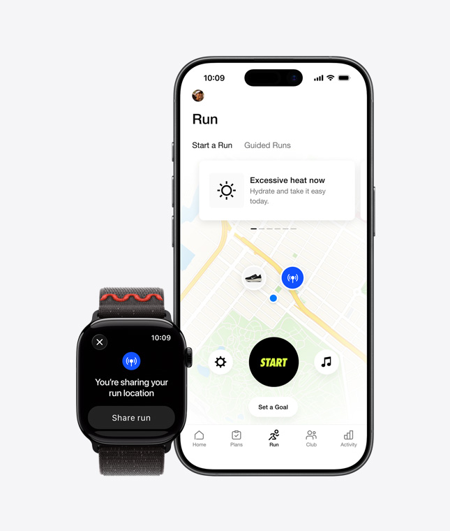 Apple Watch Series 11, na ekranie widoczne udostępnianie lokalizacji, iPhone 17, aplikacja Nike Run Club pokazuje trasę biegu w plenerze
