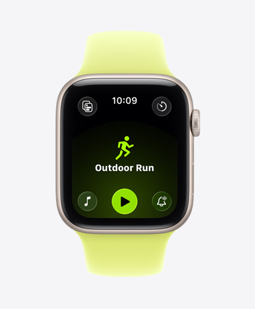 Apple Watch SE 3, carcasă din aluminiu, culoare Strălucire stelară, antrenament Alergare afară, controale redare Apple Music în partea de jos a ecranului, Curea Sport, culoare galben neon