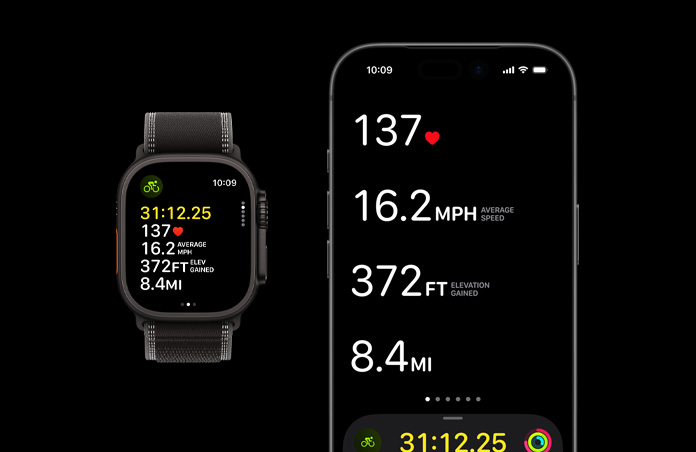 Apple Watch Ultra 3, Farbe Schwarz, Titangehäuse, Trail Loop, Farbe Schwarz/Kohlegrau, iPhone, aktive Trainingsdaten auf beiden Geräten