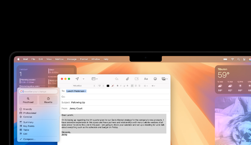 Una computadora de escritorio Mac muestra un aviso de Apple Intelligence en un email empresarial. Detrás de la ventana del email está el widget de Calendario.