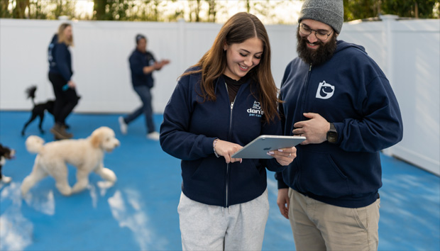 두 사람이 나란히 서서 iPad를 사용하고 있고, 배경에는 다른 두 사람과 반려견들의 모습이 보입니다.