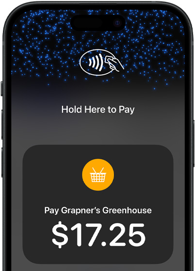 A close-up of an iPhone device’s screen that has the contactless payment icon and transaction information on screen.