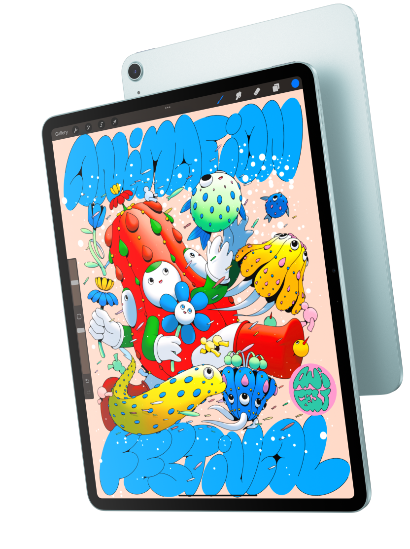 Μπροστινή όψη ενός iPad Air που δείχνει το μοντέλο 13 ιντσών που εμφανίζει το Procreate, να επικαλύπτει την πίσω όψη ενός μπλε iPad Air