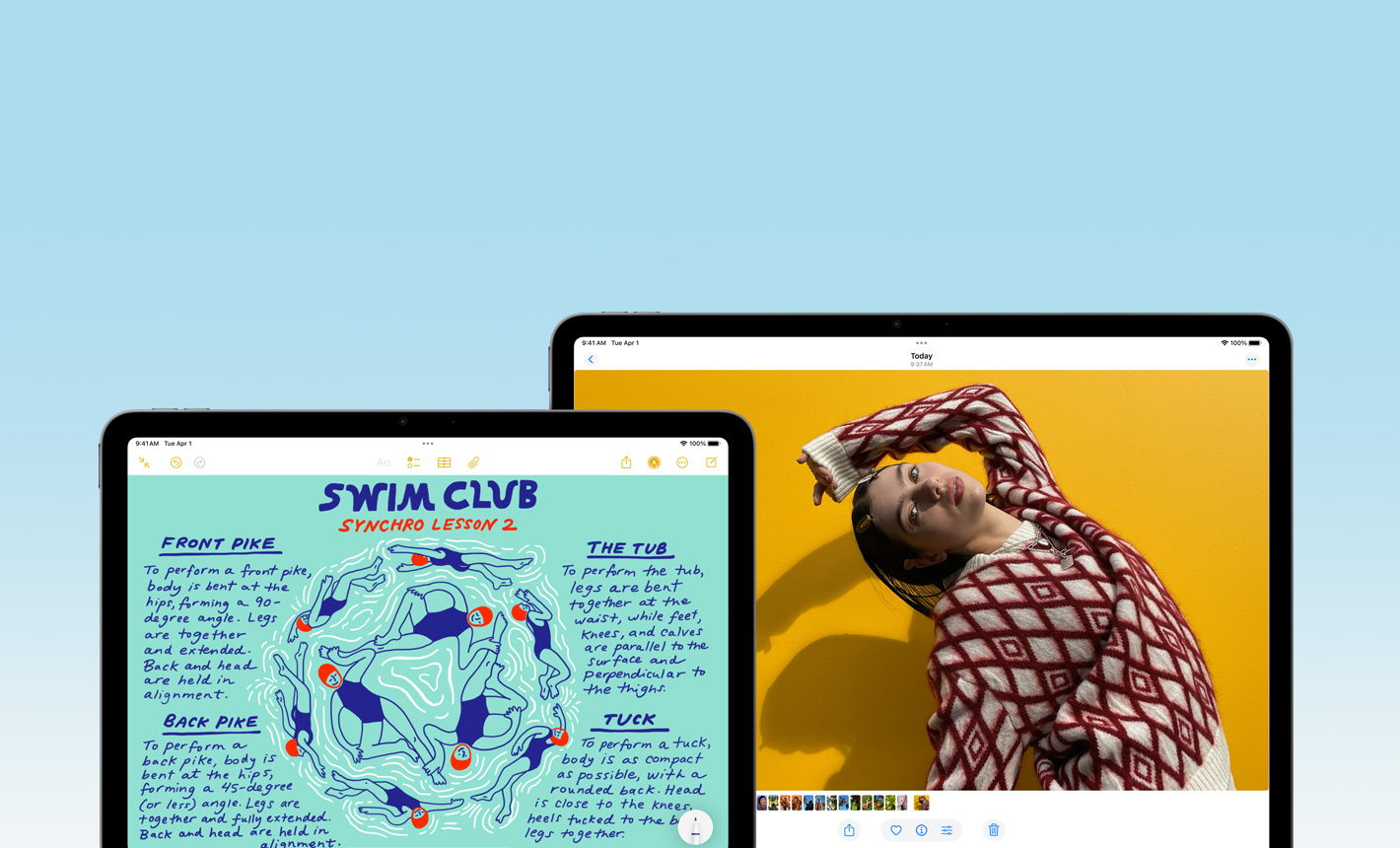 Μπροστινή όψη ενός iPad Air 11 ιντσών που εμφανίζει τις Σημειώσεις και ενός iPad Air 13 ιντσών που εμφανίζει τις Φωτογραφίες, για να δείξει τα διαφορετικά μεγέθη οθόνης