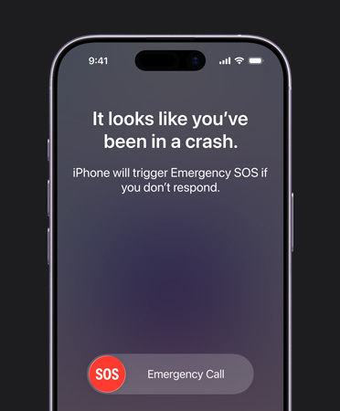 iPhone 17 sedd framifrån, rundade hörn, funktionen kraschdetektering används