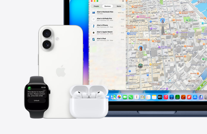 Apple Watch, text onscreen reads “This device is marked as lost, please contact me” with phone number, next to iPhone, AirPods Pro, and MacBook Neo, indigo color, screen shows Find My app with map and list of devices with their locations