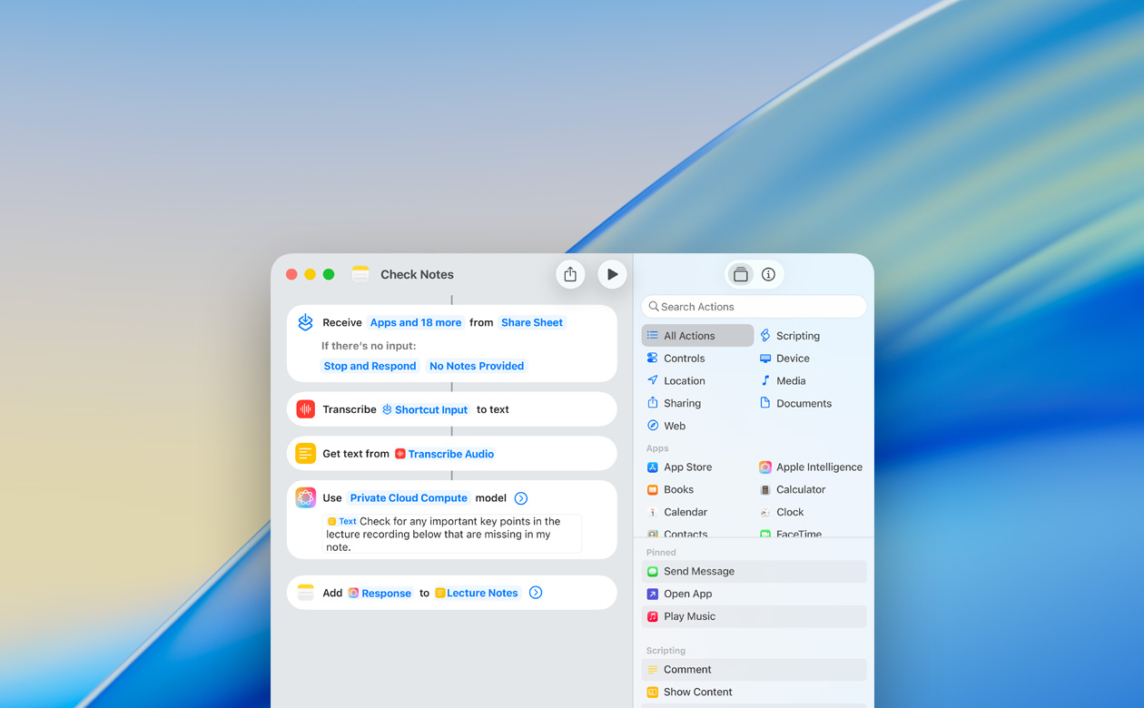 Close up of user building a shortcut with the Use Model action in the Notes app