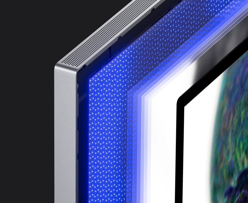 لقطة مقربة لمصباح mini-LED تُظهر الإضاءة الخلفية الصغيرة لمصابيح LED، ما ينتج عنه مناطق متعددة للتعتيم