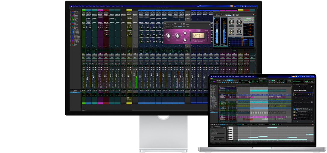 Un monitor Studio Display y un notebook Mac muestran una sesión en Pro Tools con integración de Splice